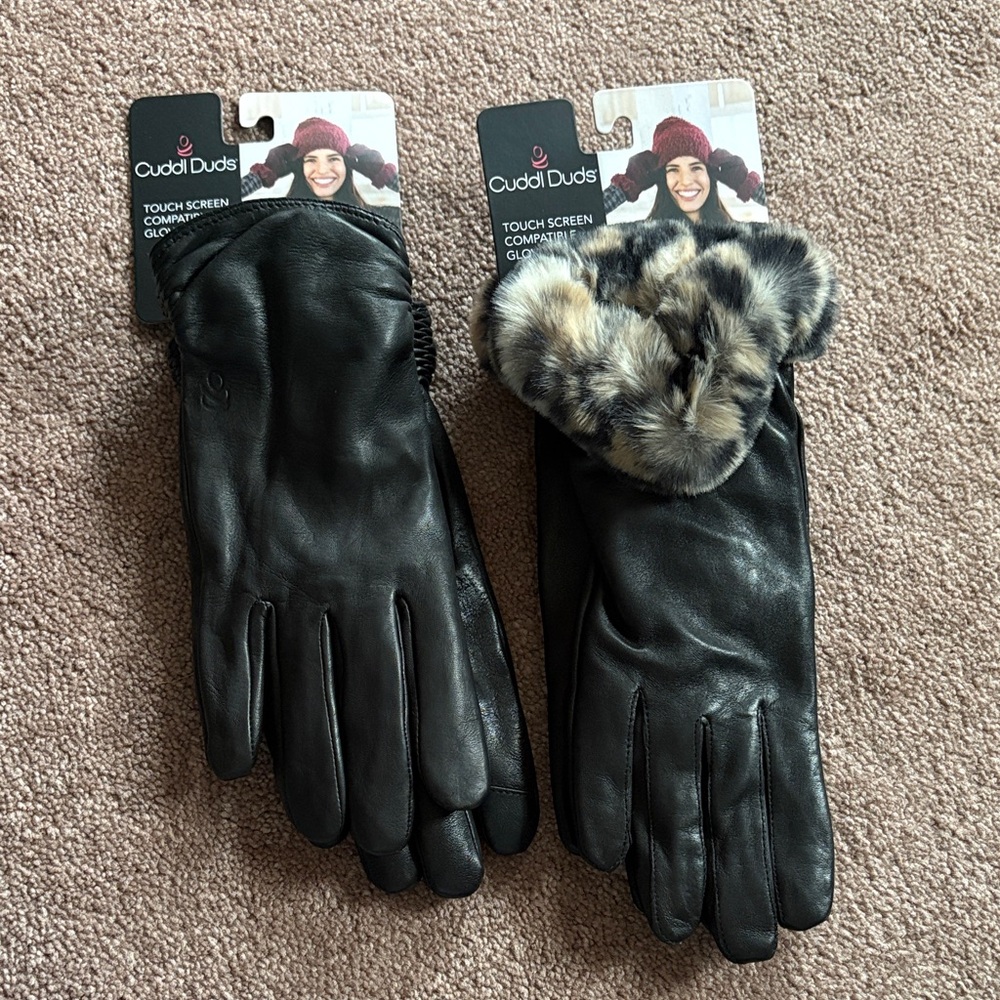 Cuddl Duds set of 2 leather fake fur large gloves NWT